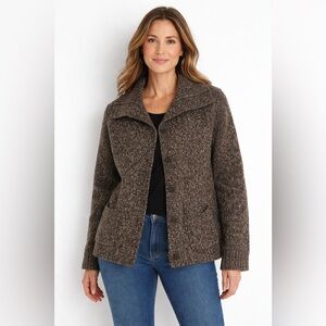 Eileen Fisher Brown Funnel Collar Button Up Merino Wool Sweater - Size Large